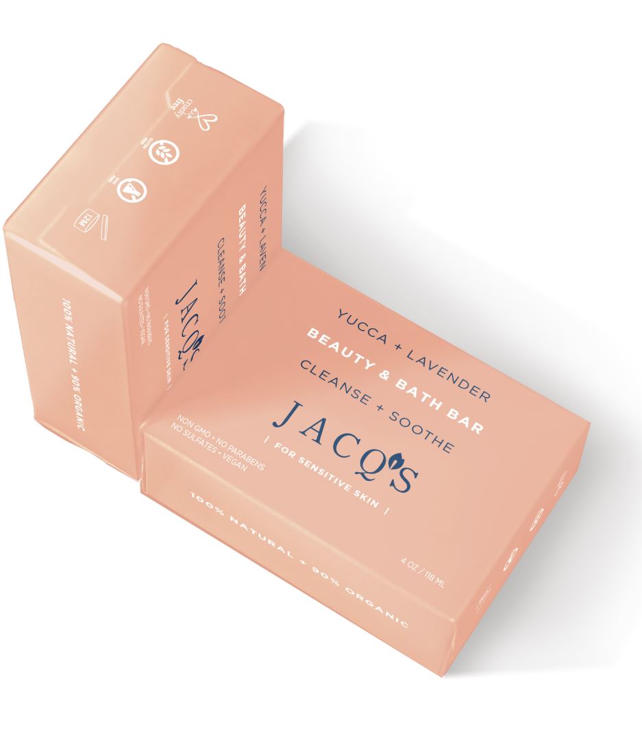 2 JACQ's organic cleansing soap bars, pink packaging