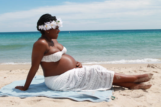 JACQ's founder, Barbara Jacques pregnant on beach