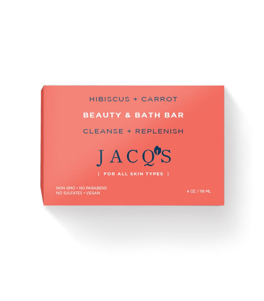 JACQ's hibiscus & carrot cleansing bar, pink packaging