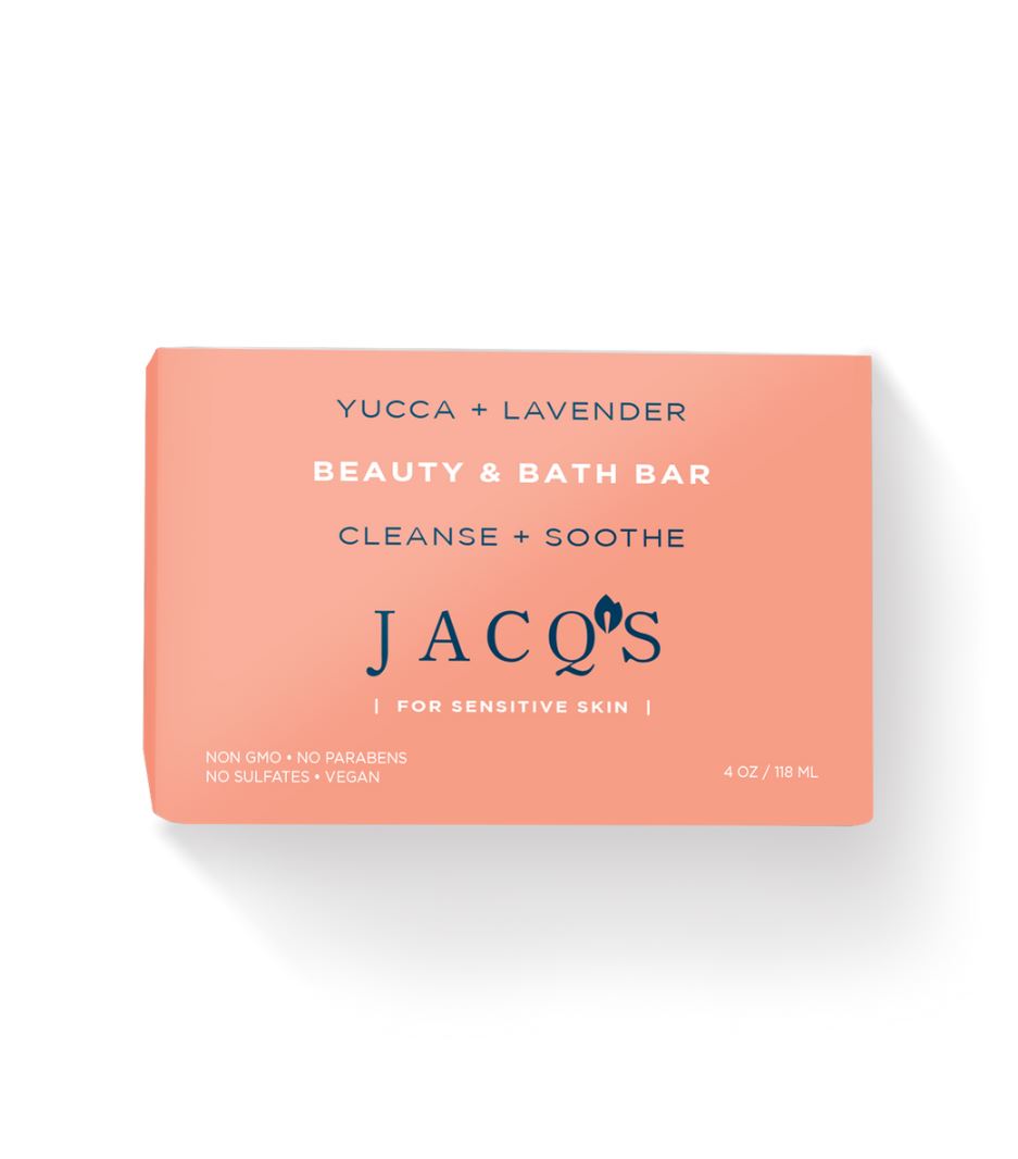 JACQ's Yucca & Lavendar Cleansing Soap Bar, Pink packaging