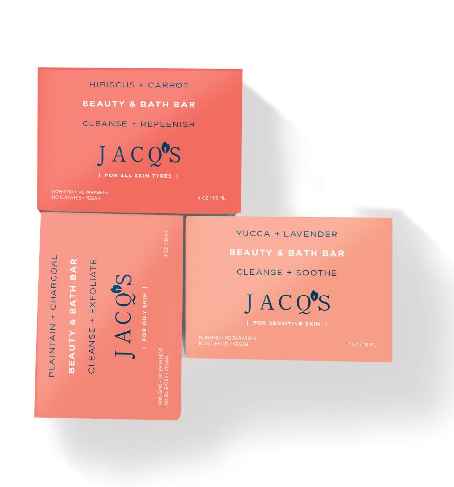 JACQ's pink beauty & bath bar packaging x 3